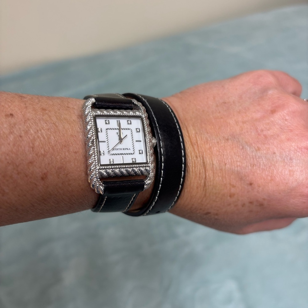 Judith Ripka Silvertone Stainless Steel & Black Leather Strap Wrap Watch - Picture 8 of 11